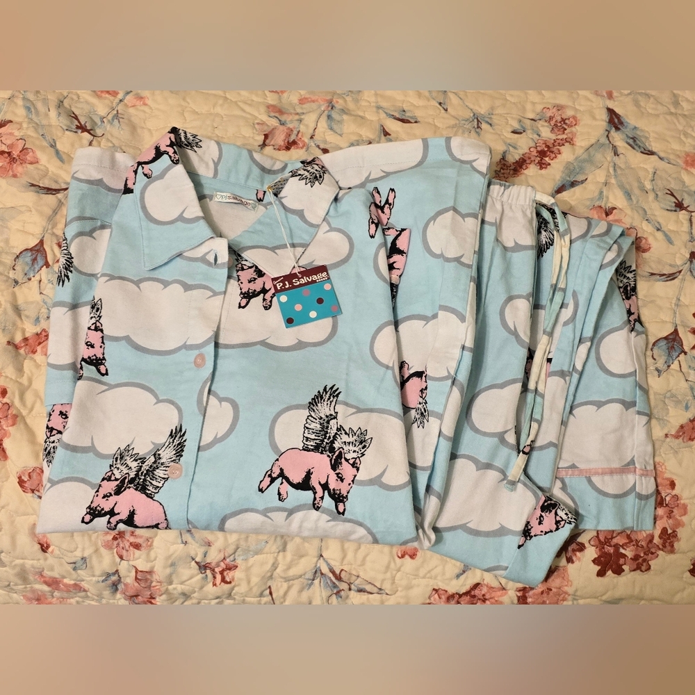 P.J. Salvage Flannel Pajamas - Blue and Pink Flying Pig Design